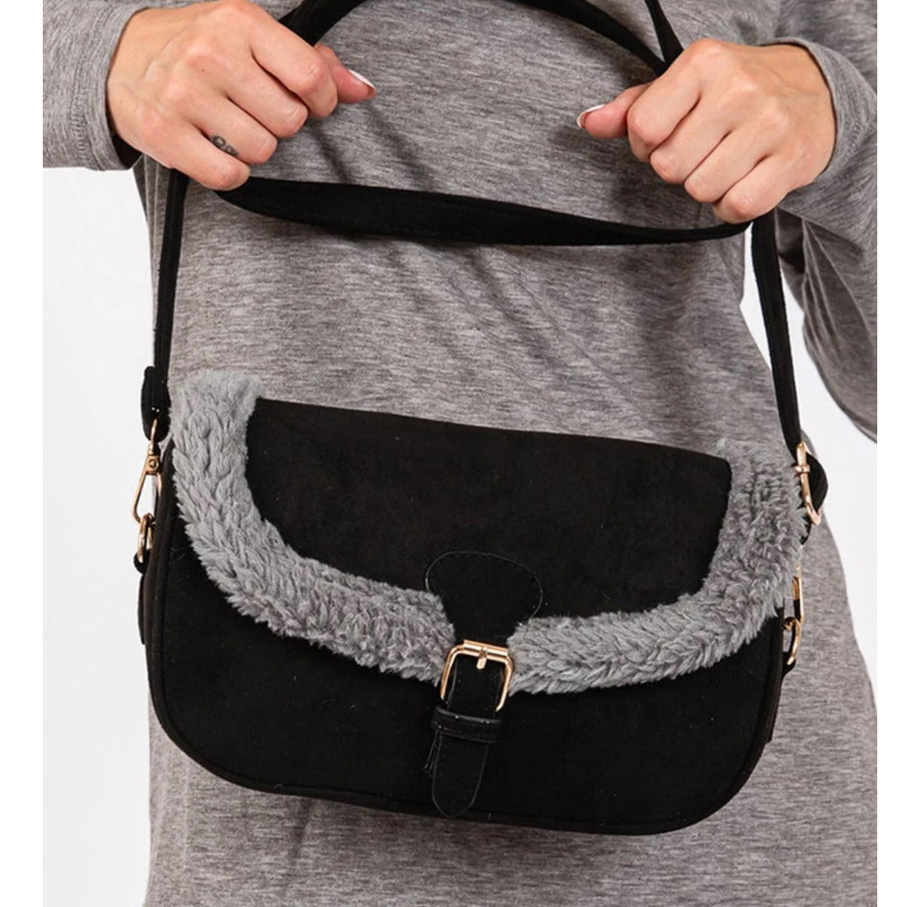The Sherpa Trimmed Faux Suede Crossbody Bag