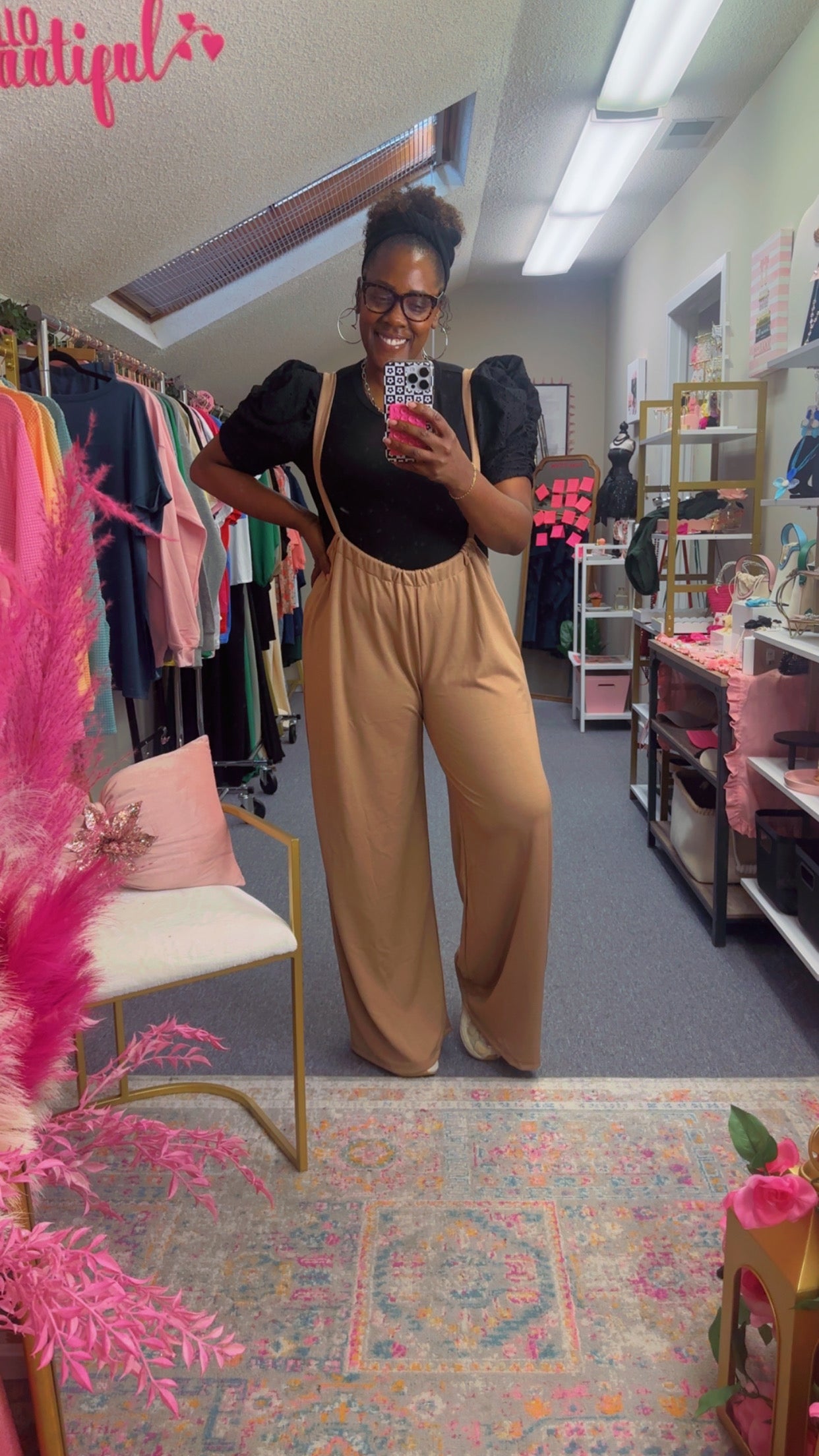 The Mendi Wide Palazzo Overall Pants- Caramel