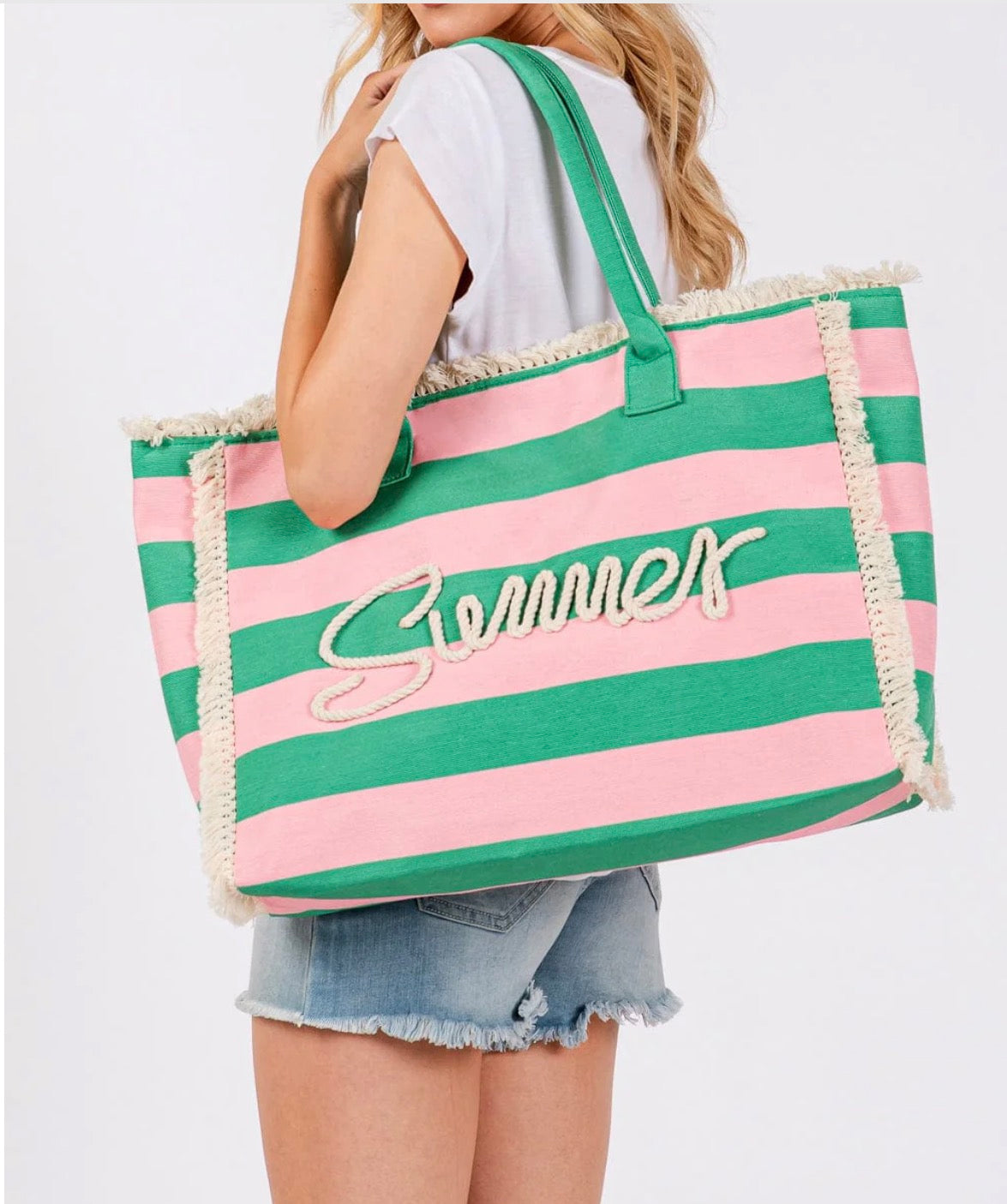 The Sewn Rope Summer Letter Fringe Striped Tote Bag (Pink & Green)