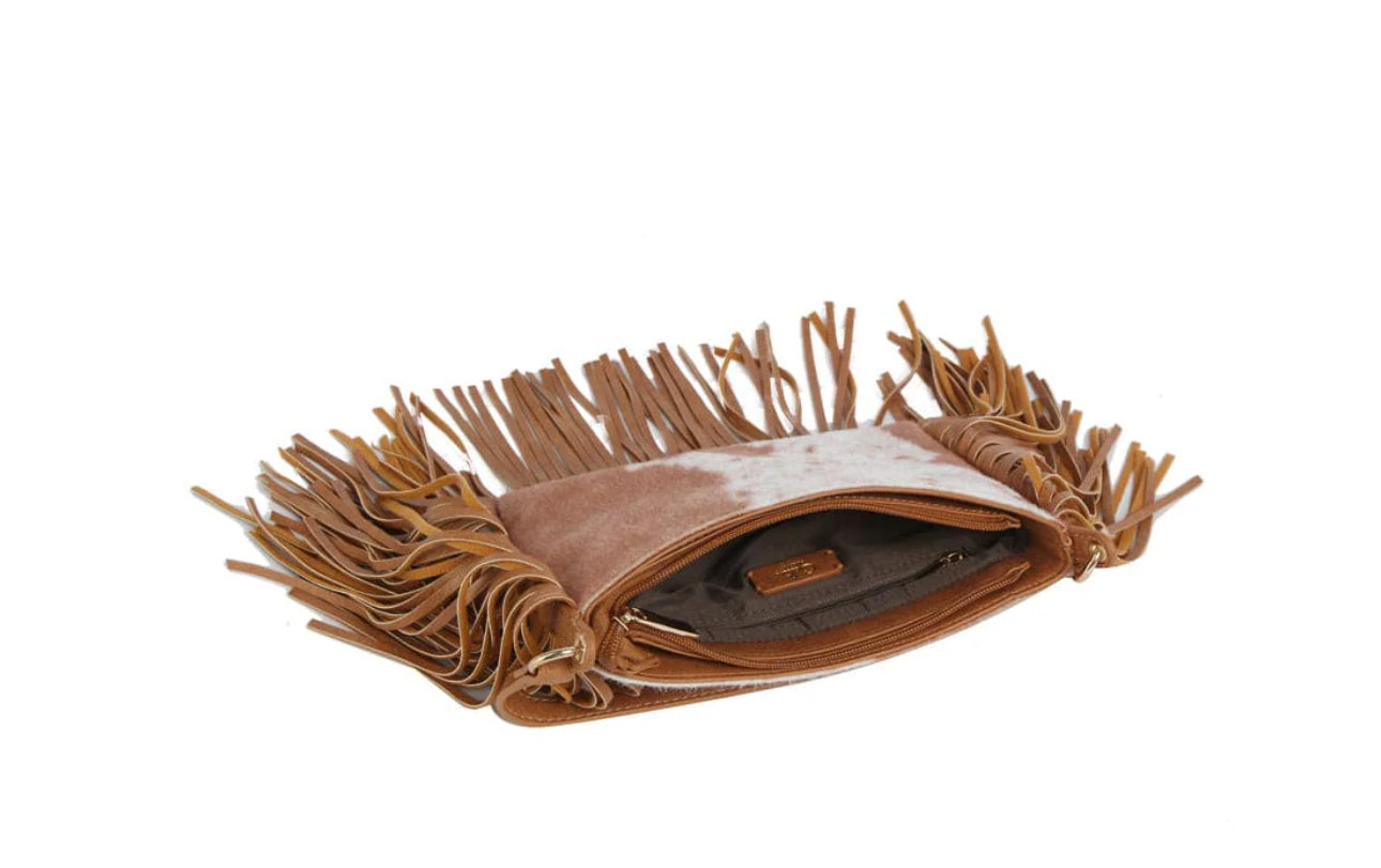 The Faux Suede Cow Print Fringe Crossbody Bag