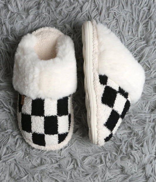 The Super Lux Checker Faux Fur Cuff Slippers