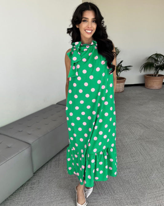 The Polka Dot Lady Dress-Kelly Green/Pink