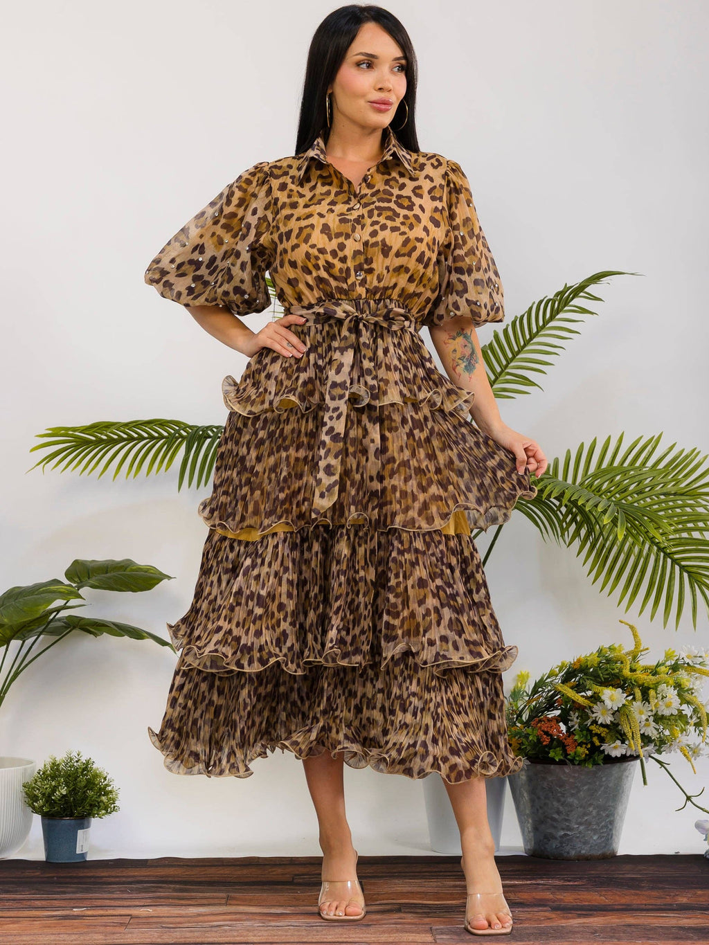 ZB128P-R - Leopard Tiered Midi Dress: Leopard / M