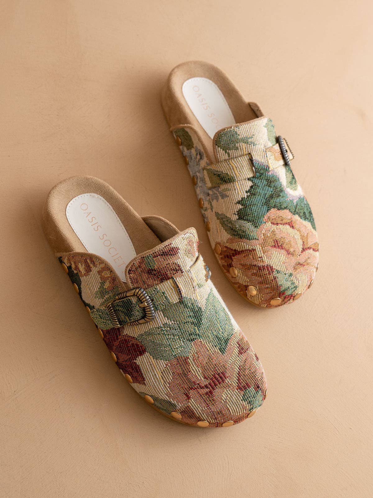 The Toni | Floral Tapestry Studded Buckle Fall Clog: FLORAL TAPESTRY