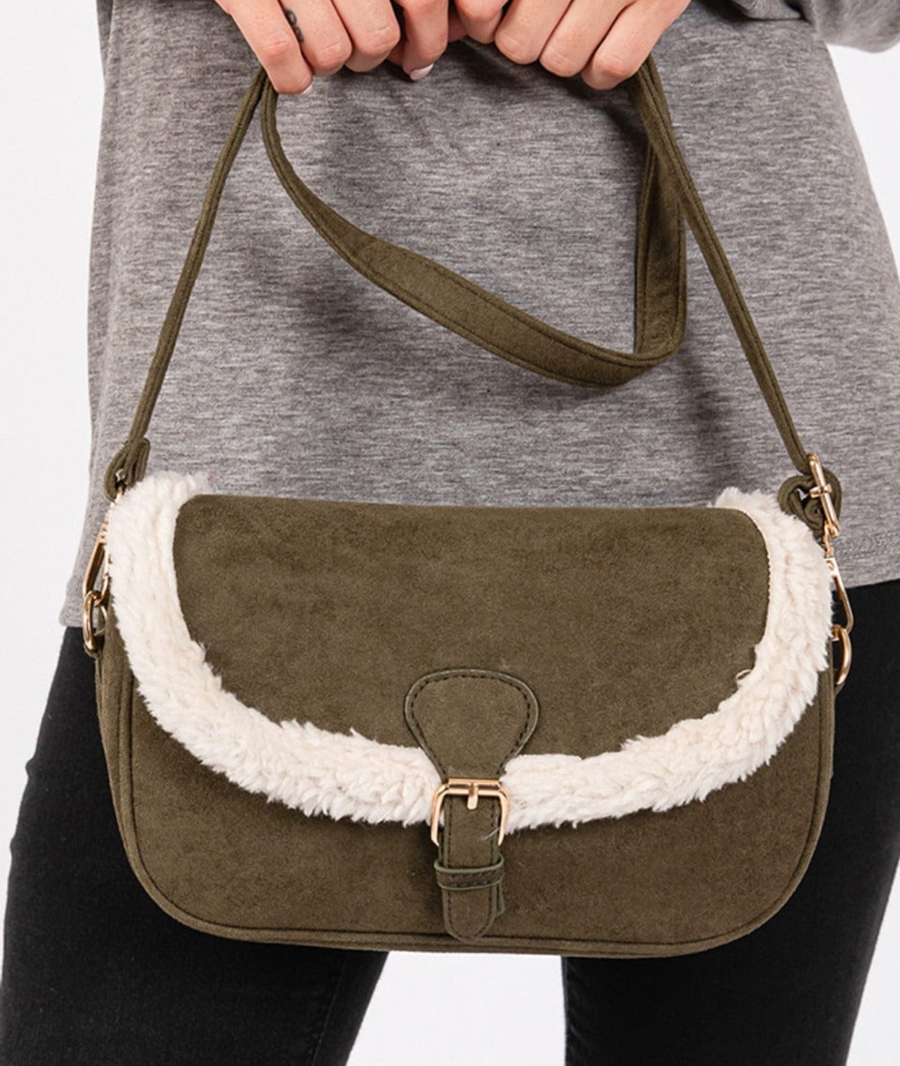 The Sherpa Trimmed Faux Suede Crossbody Bag