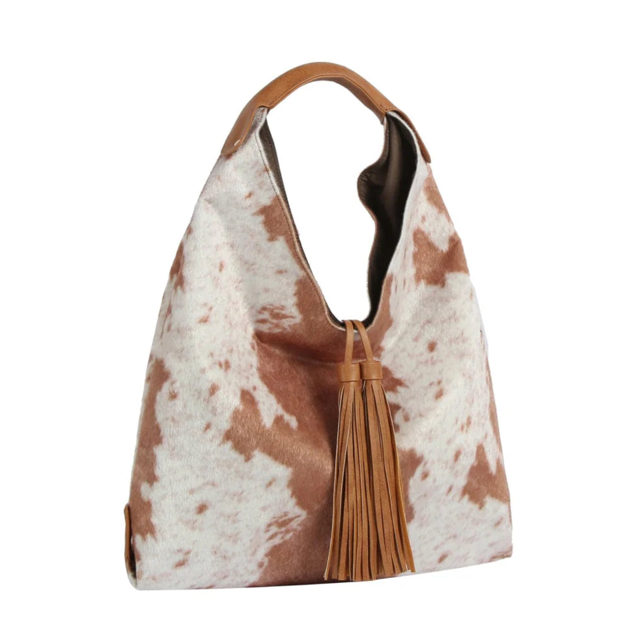 The Faux Suede Cow Print Hobo Tote Bag With Tassels