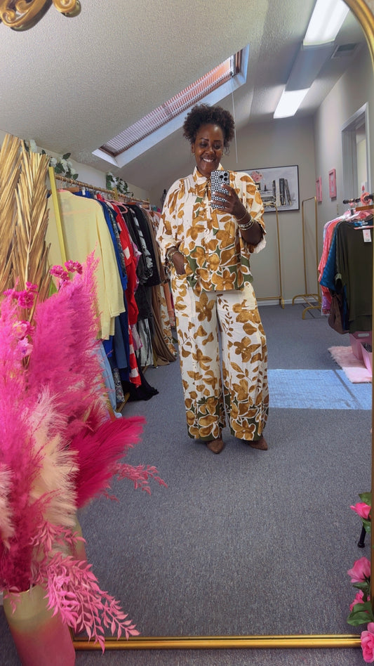 The Leaf Print Wide Leg Pants