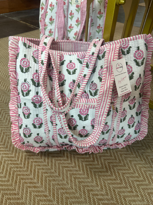 The Pink Magnolia Ruffle Quilted Tote (Large)