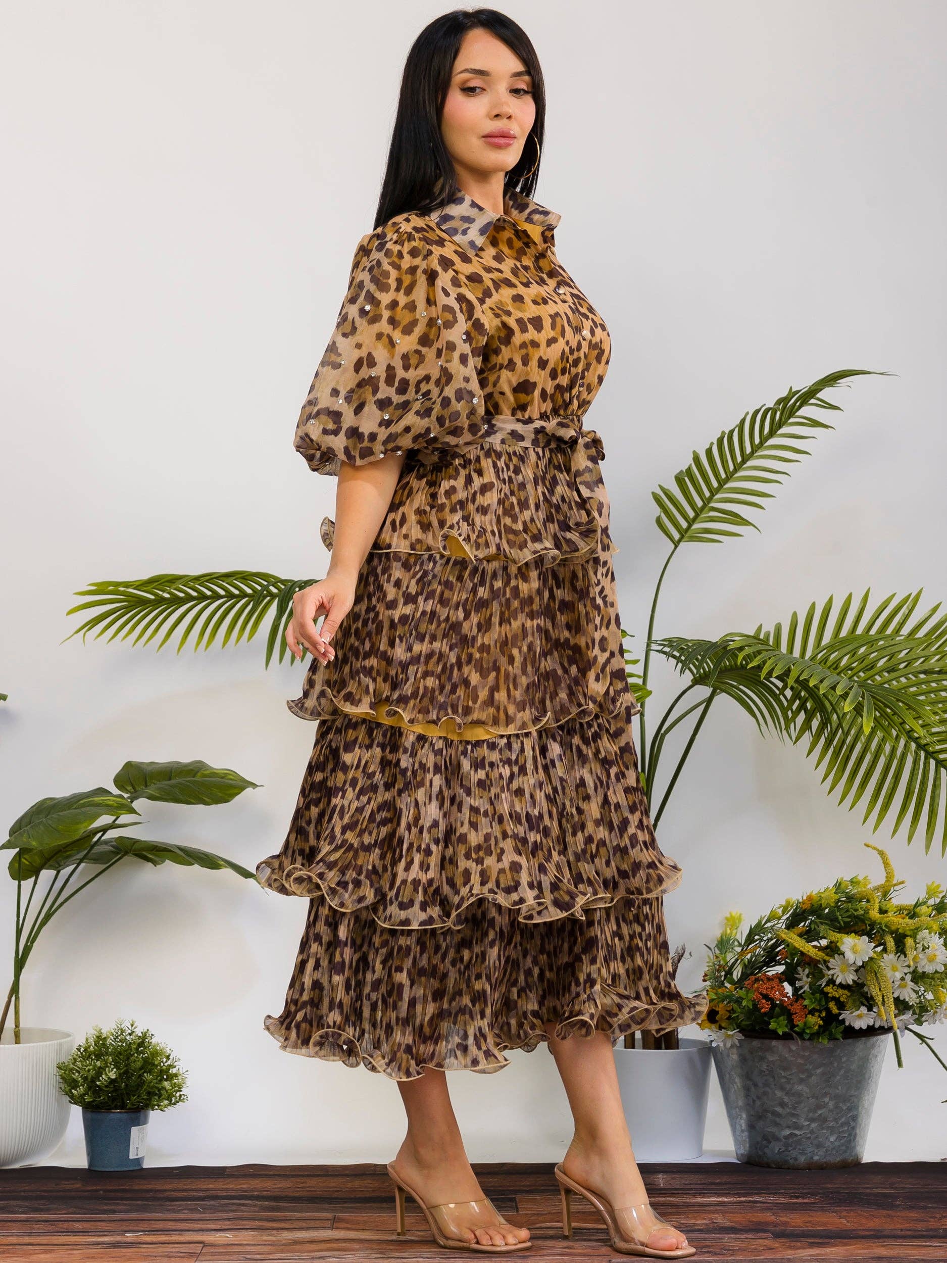 ZB128P-R - Leopard Tiered Midi Dress: Leopard / XL
