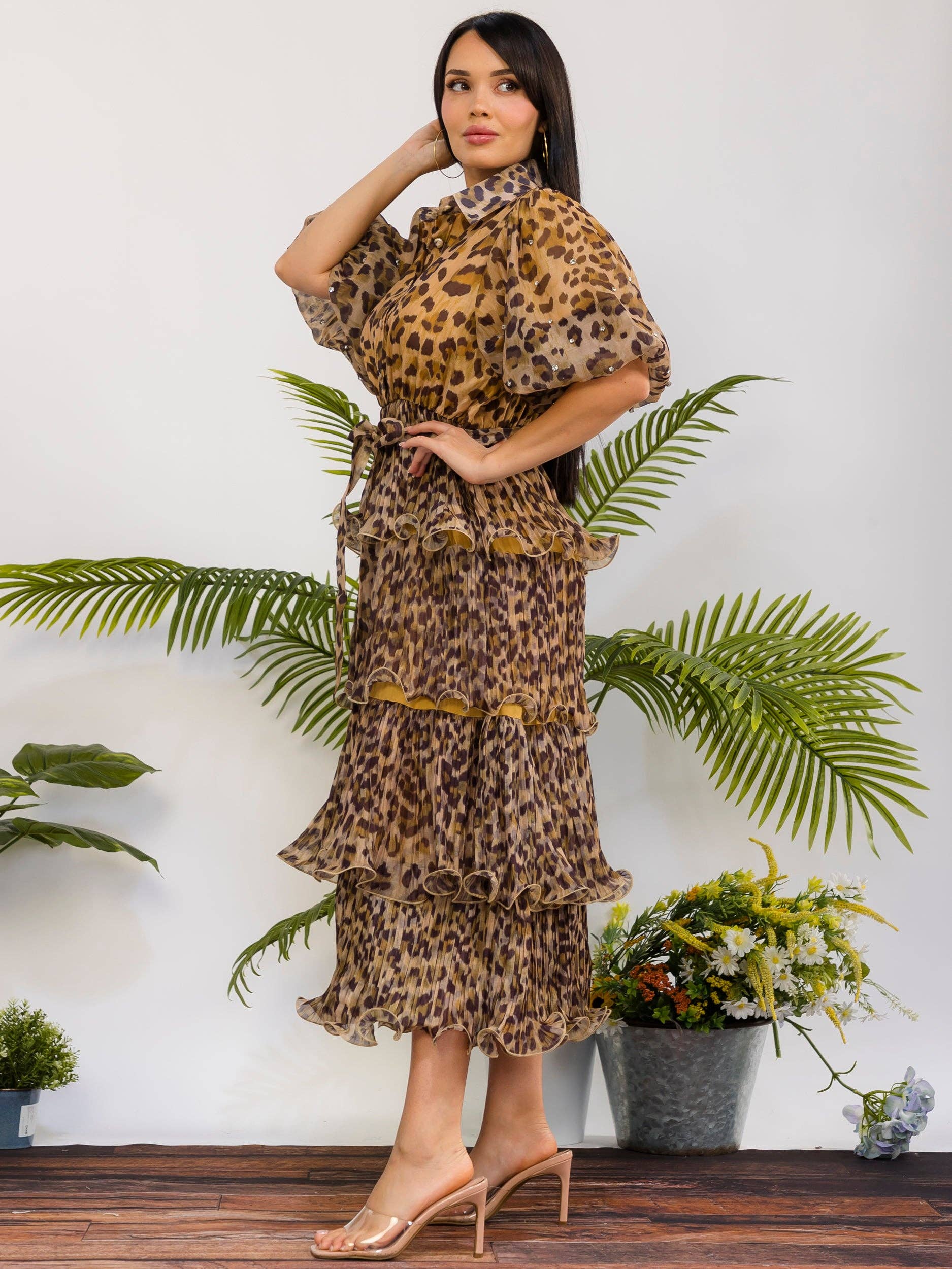 ZB128P-R - Leopard Tiered Midi Dress: Leopard / M