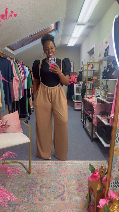 The Mendi Wide Palazzo Overall Pants- Caramel