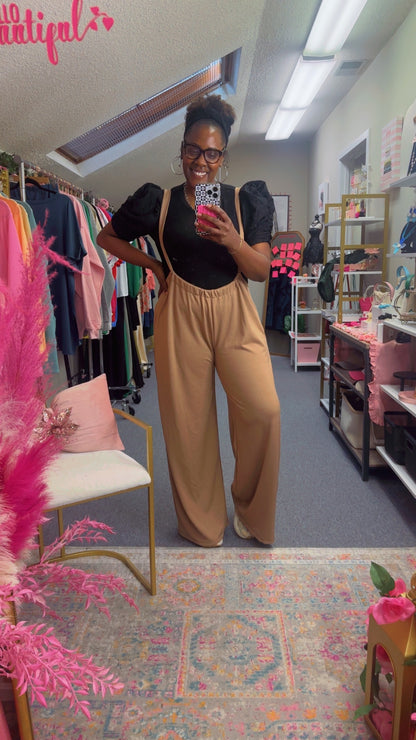 The Mendi Wide Palazzo Overall Pants- Caramel