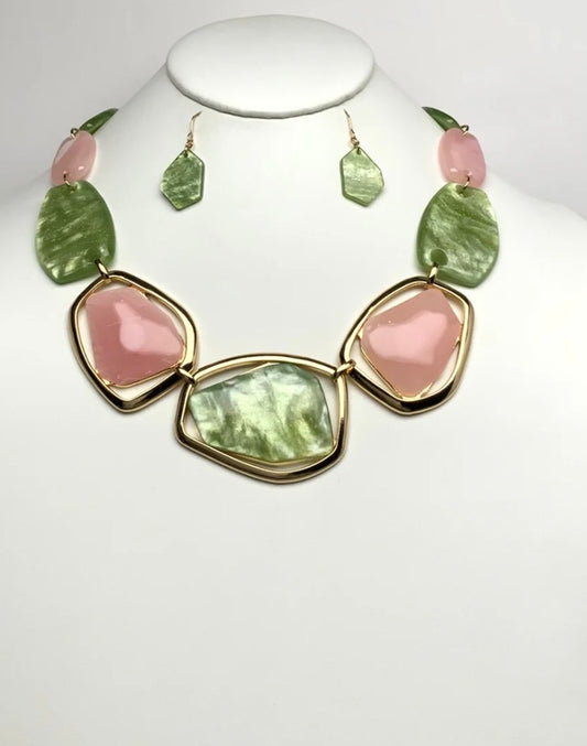 The Geometric Stones Necklace Set-pink & green