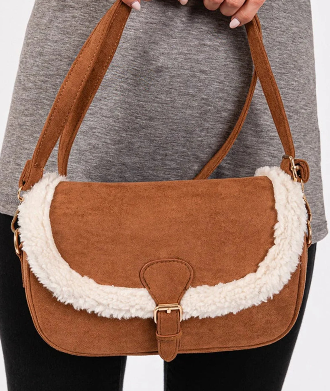 The Sherpa Trimmed Faux Suede Crossbody Bag