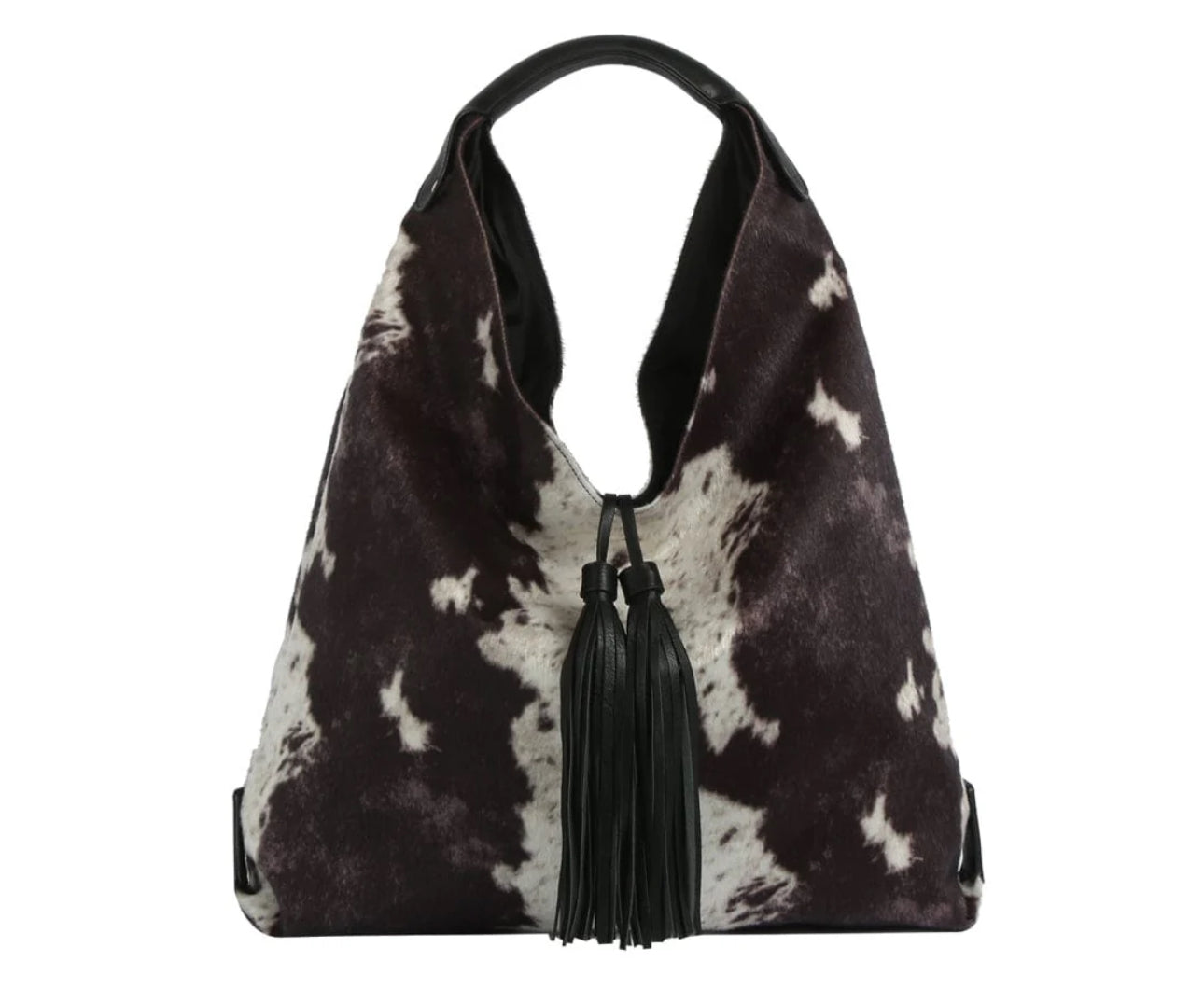 The Faux Suede Cow Print Hobo Tote Bag With Tassels