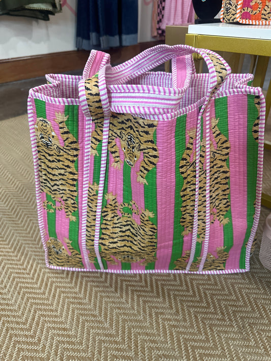 The Pink & Green Animal Print Quilted Tote (Large)