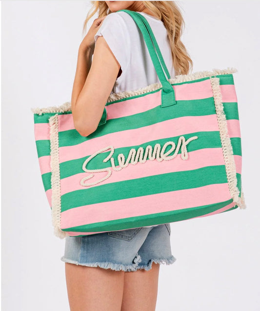 The Sewn Rope Summer Letter Fringe Striped Tote Bag (Pink & Green)