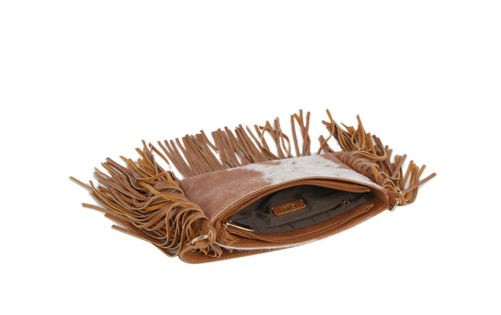 The Faux Suede Cow Print Fringe Crossbody Bag
