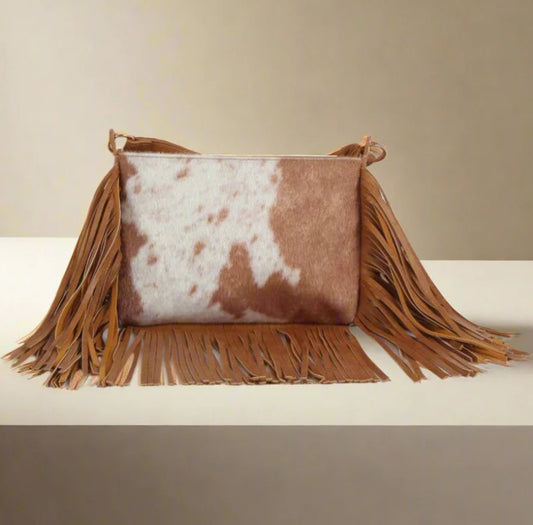 The Faux Suede Cow Print Fringe Crossbody Bag