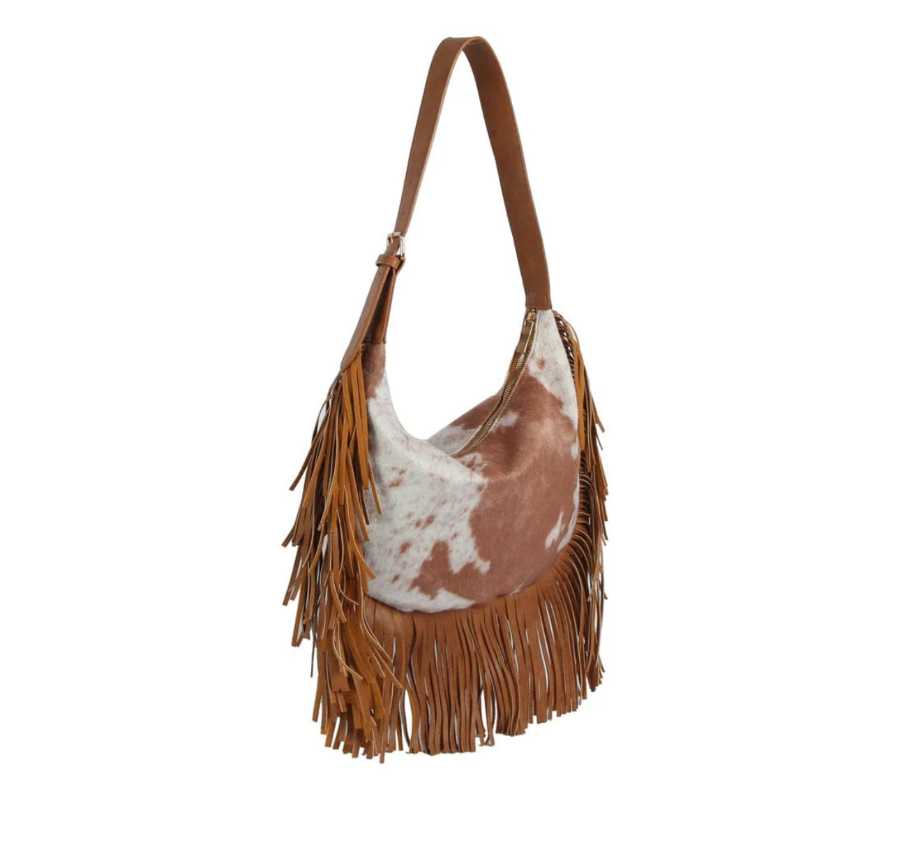 The Faux Suede Cow Print Fringe Hobo Bag