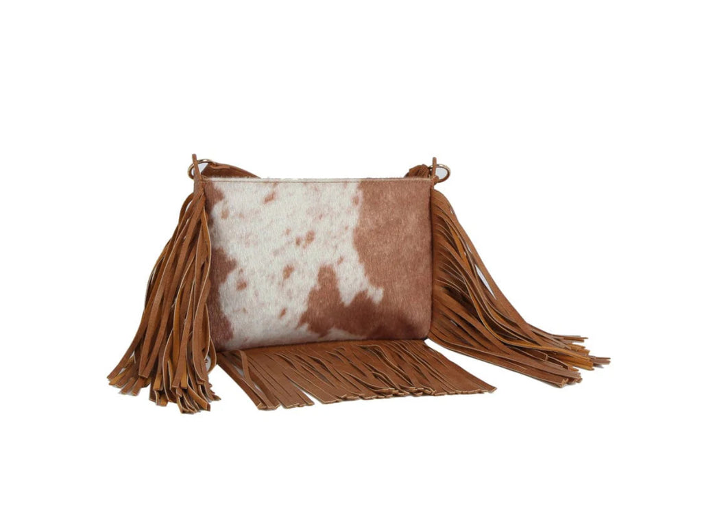 The Faux Suede Cow Print Fringe Crossbody Bag