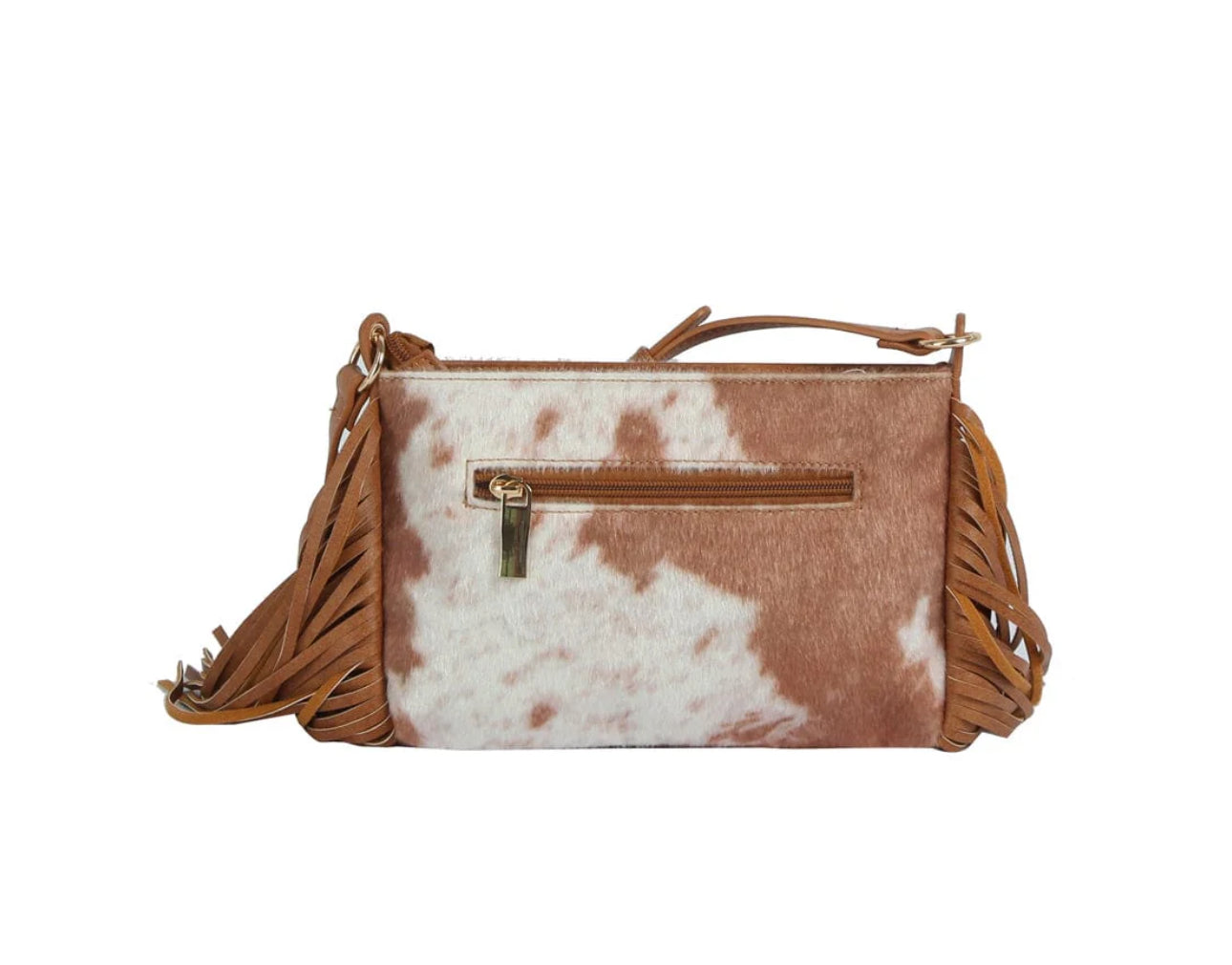 The Faux Suede Cow Print Fringe Crossbody Bag