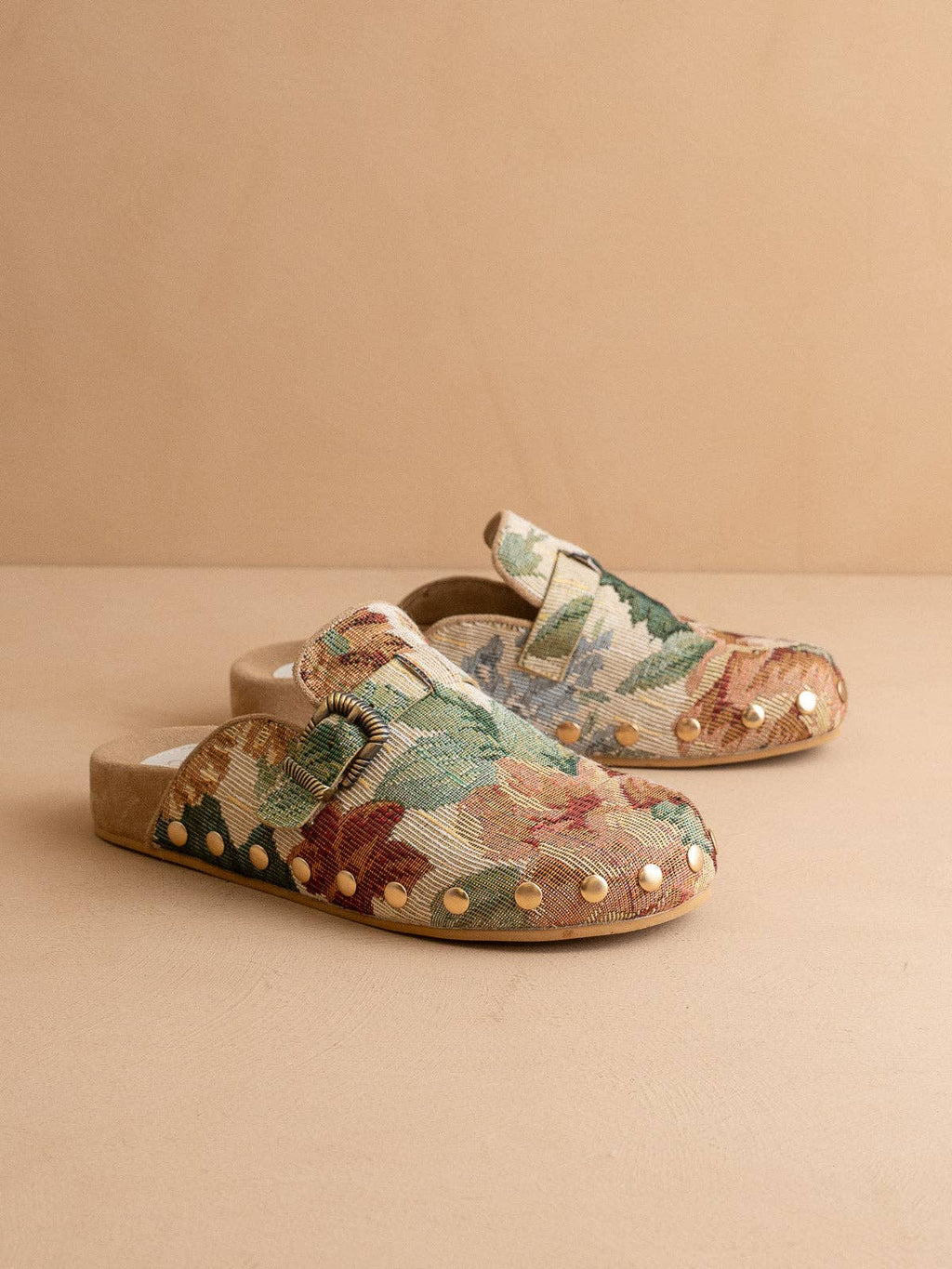 The Toni | Floral Tapestry Studded Buckle Fall Clog: FLORAL TAPESTRY