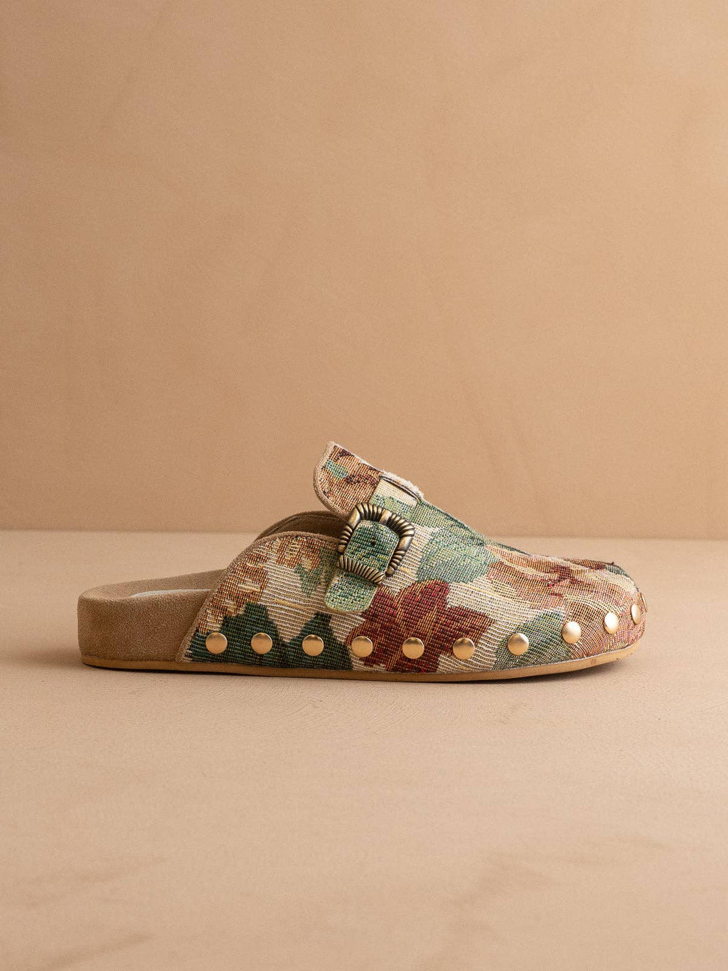 The Toni | Floral Tapestry Studded Buckle Fall Clog: FLORAL TAPESTRY